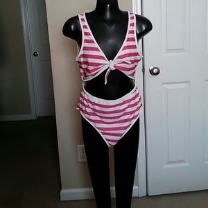 White/Watermelon colored striped swimsuit